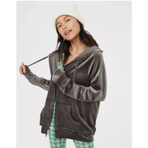 Offline by Aerie After Party Velour Oversized Full Zip Hoodie smoked gray small